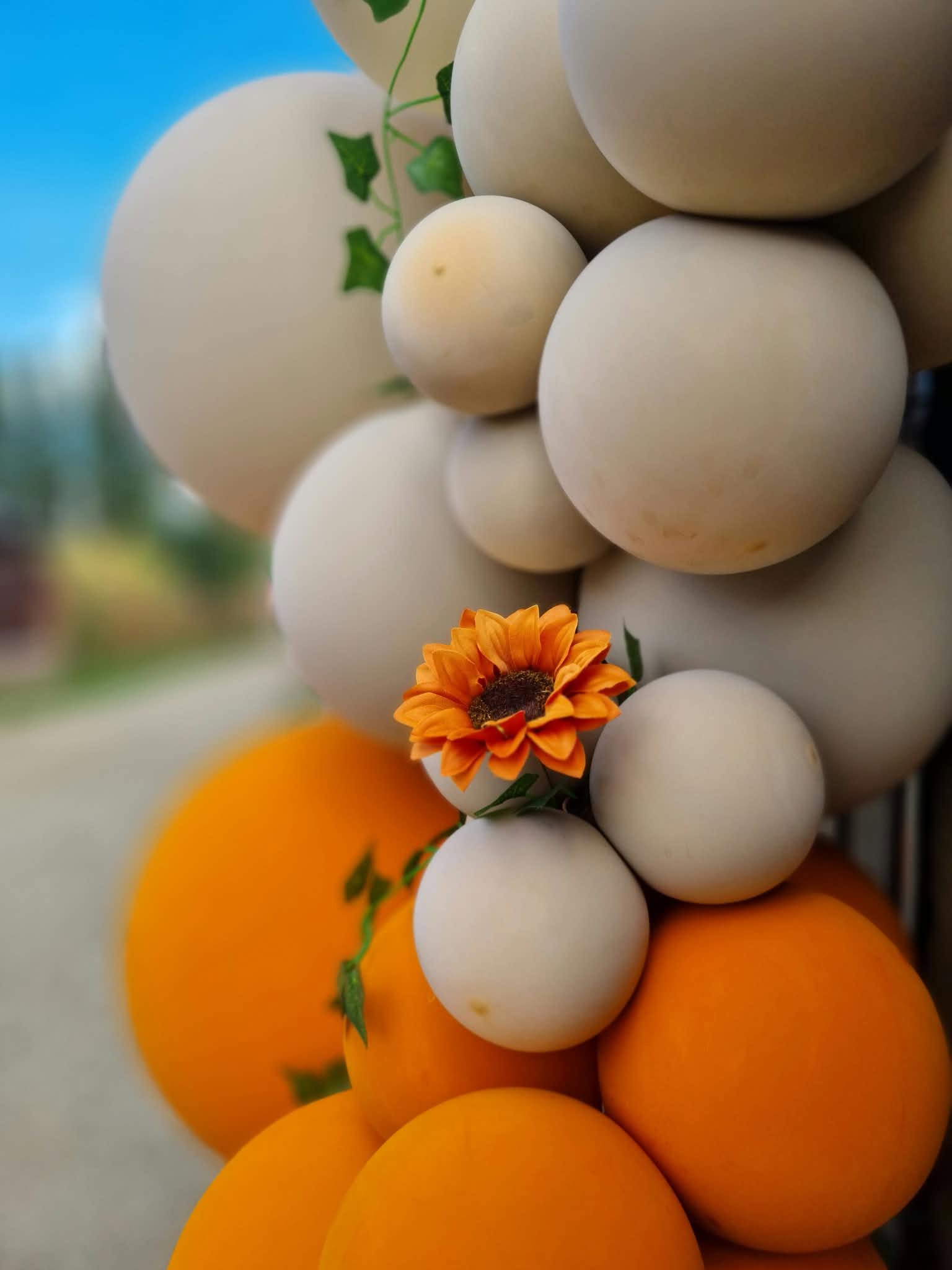 Air & Glow orange and stone wedding balloon garland with sunflower detail